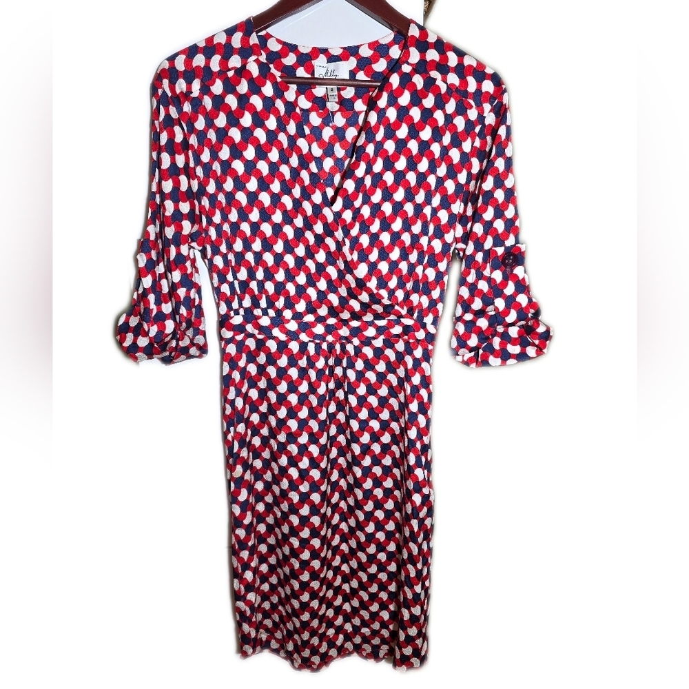 Milly Of New York Red Navy & White Geometric Faux-Wrap Dress Size 2